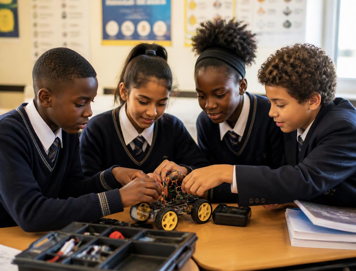 Learners building a robotics project together in class
